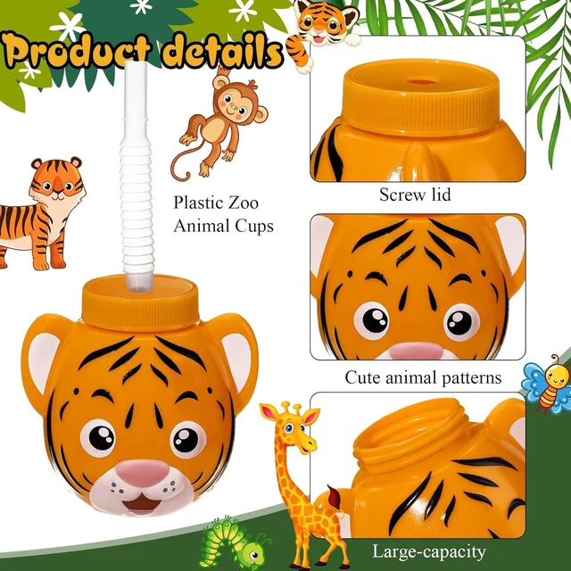 Alt view image 10 of 14 - Hoolerry 12 Sets Zoo Animal Cups with Straws and Lids, 10 oz Plastic Reusable Safari Jungle Animal Theme Kids Cups for Safari Birthday Party Supplies