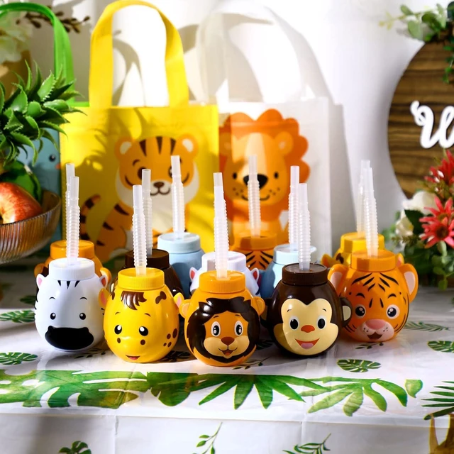 Alt view image 11 of 14 - Hoolerry 12 Sets Zoo Animal Cups with Straws and Lids, 10 oz Plastic Reusable Safari Jungle Animal Theme Kids Cups for Safari Birthday Party Supplies