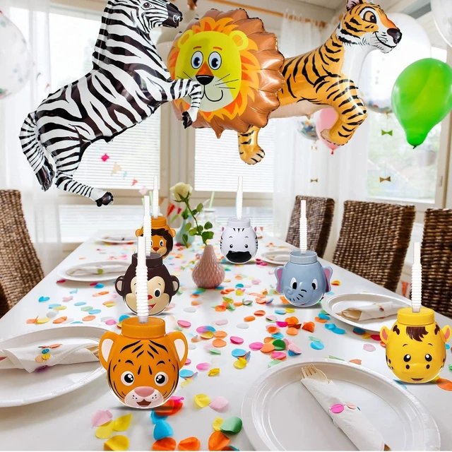 Alt view image 14 of 14 - Hoolerry 12 Sets Zoo Animal Cups with Straws and Lids, 10 oz Plastic Reusable Safari Jungle Animal Theme Kids Cups for Safari Birthday Party Supplies