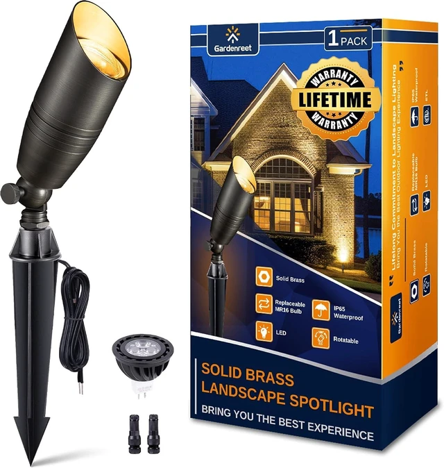 Alt view image 8 of 14 - Gardenreet Landscape Spotlights Low Voltage - Brass 12V Outdoor Uplight LED, Wired Spot Lights IP65 Waterproof, Antique Bronze for Exterior Garden Yard Tree House with 5W 2700K Warm White MR16 Bulb