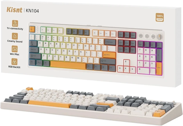 Alt view image 8 of 14 - KN104 Wireless Mechanical Gaming Keyboard, 100% Full Size 104 Keys with Number Pad, Custom RGB Backlit, Creamy Sound, Hot Swappable, Bluetooth/2.4GHz/USB-C for Win/Mac/PC (Retro Beige)