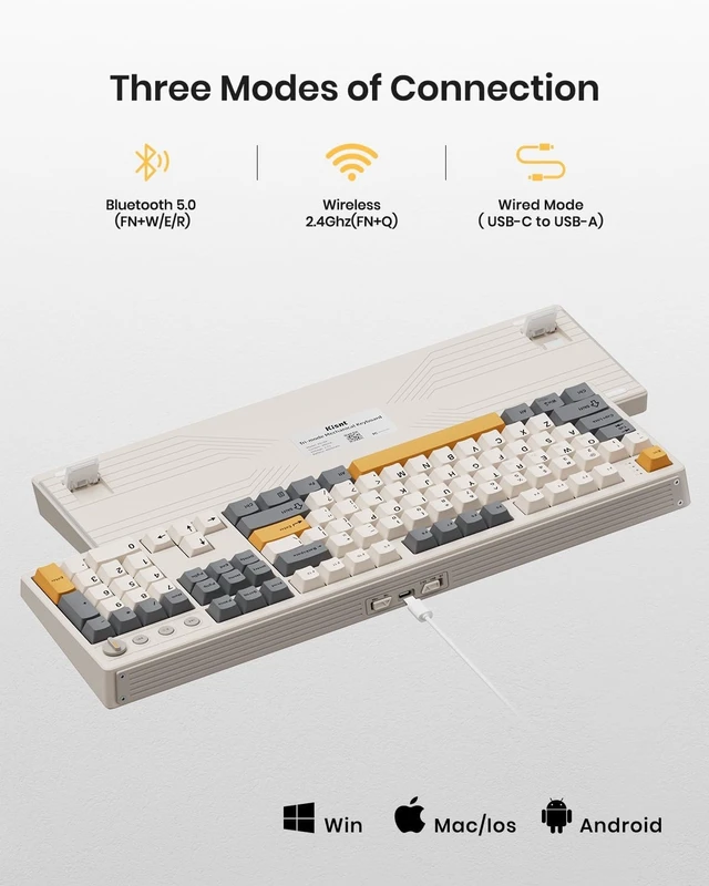 Alt view image 10 of 14 - KN104 Wireless Mechanical Gaming Keyboard, 100% Full Size 104 Keys with Number Pad, Custom RGB Backlit, Creamy Sound, Hot Swappable, Bluetooth/2.4GHz/USB-C for Win/Mac/PC (Retro Beige)
