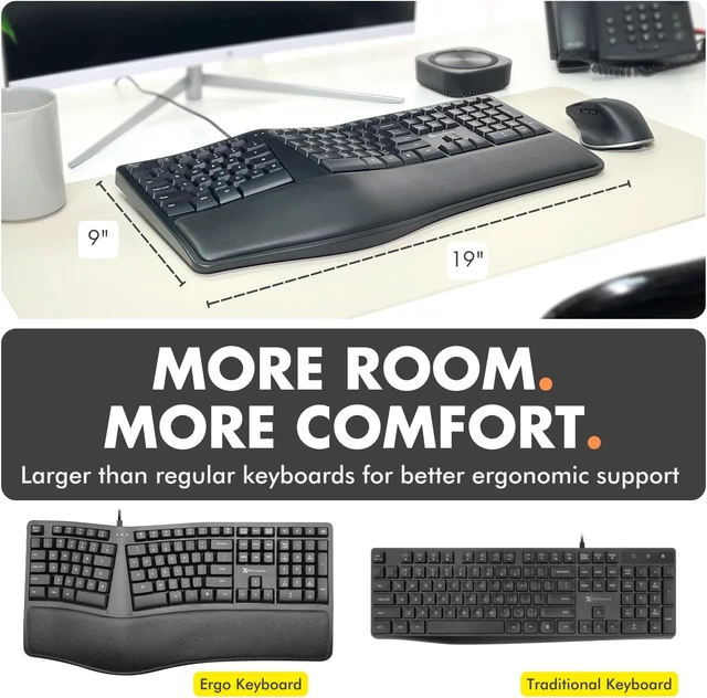 Alt view image 14 of 14 - X9 Wired Ergonomic Keyboard with Cushioned Wrist Rest - Type Comfortably Longer - USB Wired Split Keyboard for Laptop, PC & Chrome Computer with 110 Ergo Keys & 5ft Cable