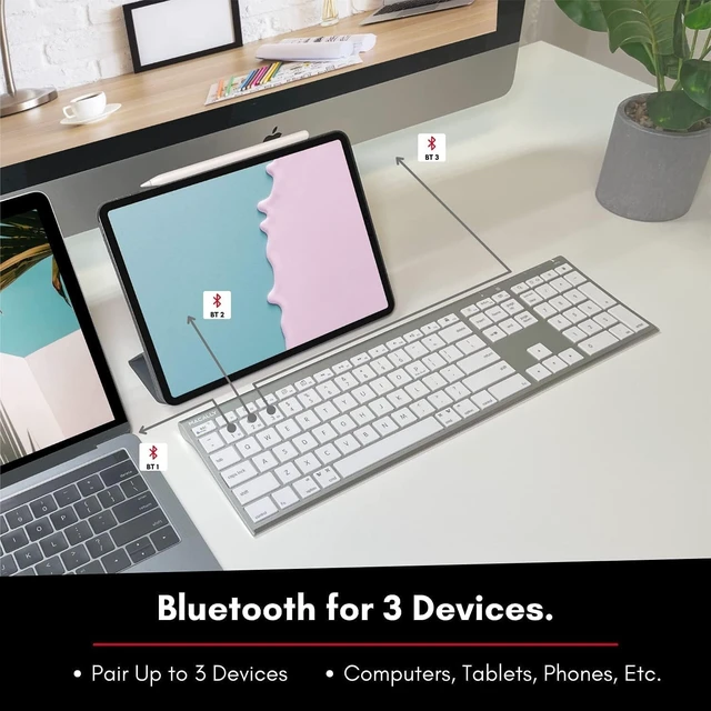Alt view image 11 of 14 - Macally Wireless Bluetooth Keyboard for Mac - Compatible Apple Keyboard or MacBook Pro/Air, iMac - Multi-Device, Up to 3 Devices with 110 Keys, 20 Shortcuts, Numeric Keypad, and Rechargeable - Silver