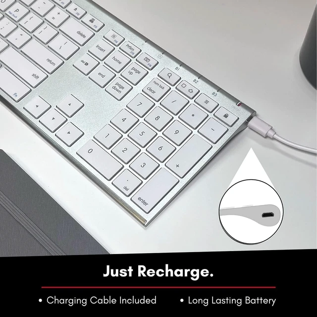 Alt view image 13 of 14 - Macally Wireless Bluetooth Keyboard for Mac - Compatible Apple Keyboard or MacBook Pro/Air, iMac - Multi-Device, Up to 3 Devices with 110 Keys, 20 Shortcuts, Numeric Keypad, and Rechargeable - Silver