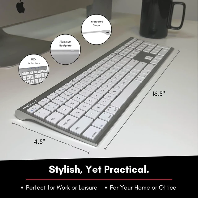 Alt view image 14 of 14 - Macally Wireless Bluetooth Keyboard for Mac - Compatible Apple Keyboard or MacBook Pro/Air, iMac - Multi-Device, Up to 3 Devices with 110 Keys, 20 Shortcuts, Numeric Keypad, and Rechargeable - Silver