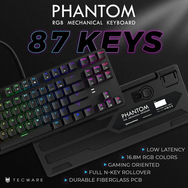 Alt view image 9 of 14 - TECWARE Phantom 87 Key RGB Mechanical Gaming Keyboard | Outemu Red Switch | 16.8M Color LED Lighting | 18 Pre-Set | Low Latency | N-Key Rollover | Software Customizable Keys | Wired USB Connection