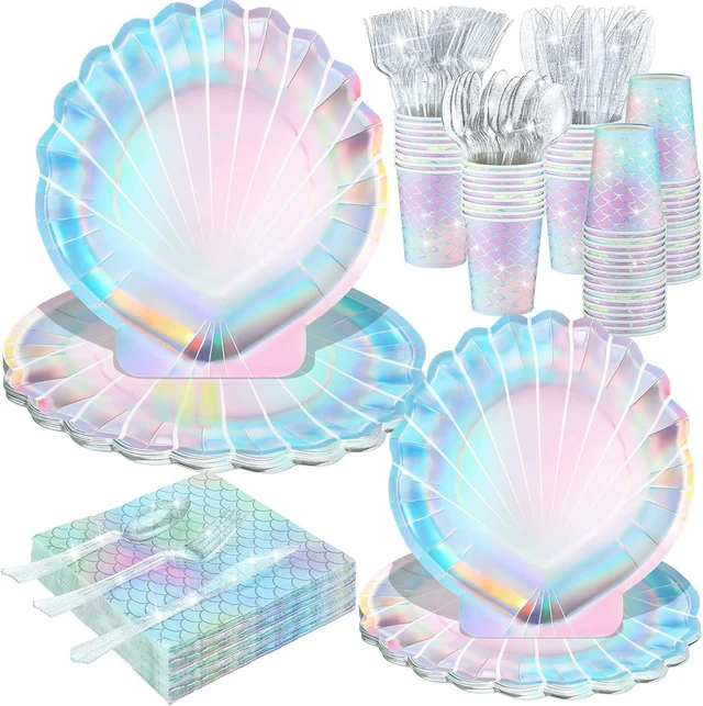 Alt view image 7 of 12 - Cunhill 144 Pcs Mermaid Party Supplies Disposable Paper Tableware Holographic Shell Plates Napkins Cups Spoons Fork Knives for Under The Sea Parties Baby Shower Birthday Party Decorations, Serve 24