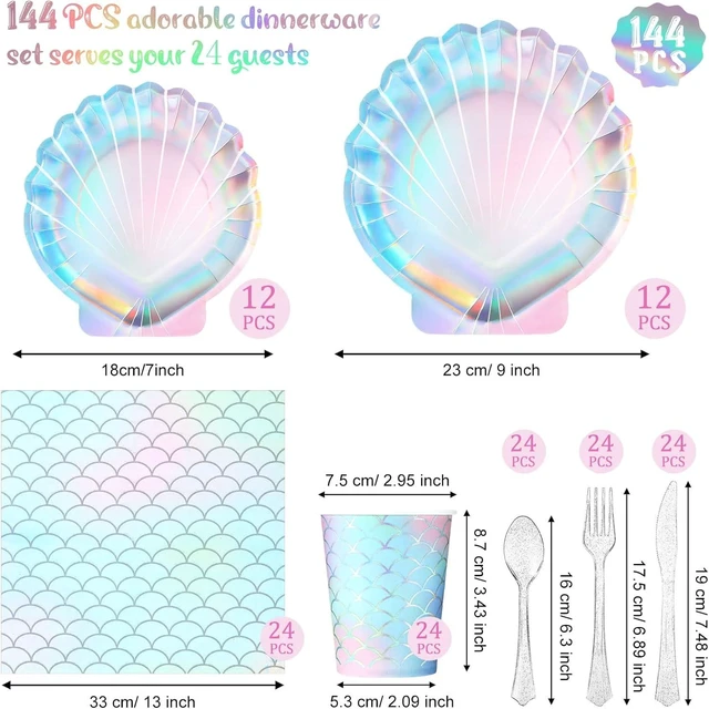 Alt view image 8 of 12 - Cunhill 144 Pcs Mermaid Party Supplies Disposable Paper Tableware Holographic Shell Plates Napkins Cups Spoons Fork Knives for Under The Sea Parties Baby Shower Birthday Party Decorations, Serve 24