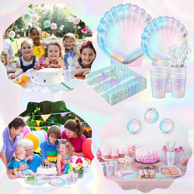Alt view image 9 of 12 - Cunhill 144 Pcs Mermaid Party Supplies Disposable Paper Tableware Holographic Shell Plates Napkins Cups Spoons Fork Knives for Under The Sea Parties Baby Shower Birthday Party Decorations, Serve 24