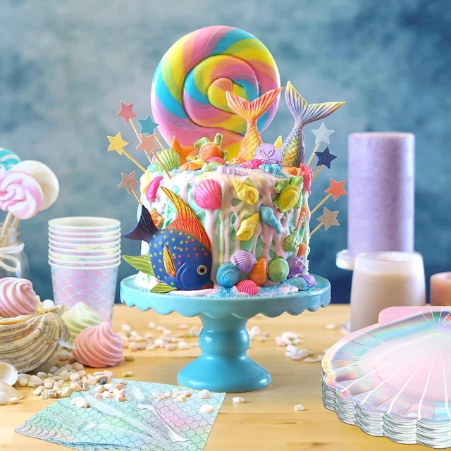 Alt view image 11 of 12 - Cunhill 144 Pcs Mermaid Party Supplies Disposable Paper Tableware Holographic Shell Plates Napkins Cups Spoons Fork Knives for Under The Sea Parties Baby Shower Birthday Party Decorations, Serve 24