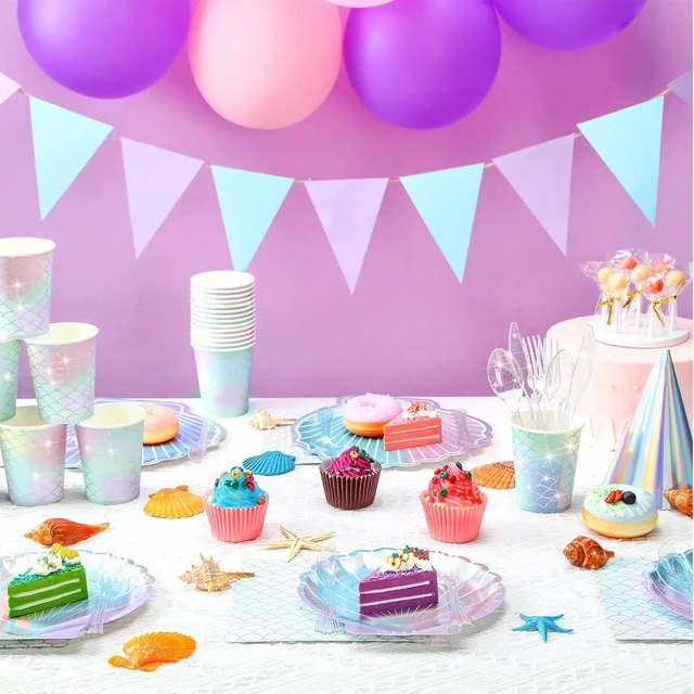 Alt view image 10 of 12 - Cunhill 144 Pcs Mermaid Party Supplies Disposable Paper Tableware Holographic Shell Plates Napkins Cups Spoons Fork Knives for Under The Sea Parties Baby Shower Birthday Party Decorations, Serve 24