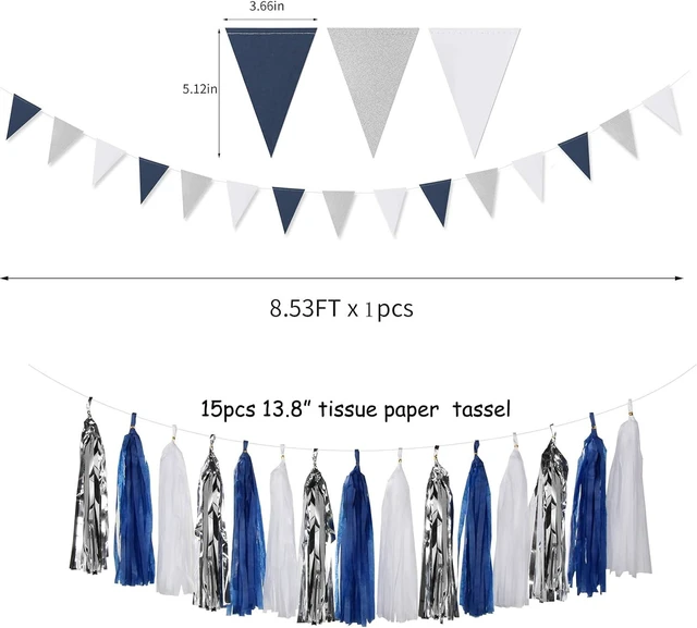 Alt view image 9 of 14 - Navy Blue White Silver Party Decorations,23pcs Kit Graduation 2025 Tissue Paper Pom Poms Streamers,Tassel Garland Banner Flowers,Men Birthday Bachelorette Baby Shower Christmas Decor Lasting Surprise