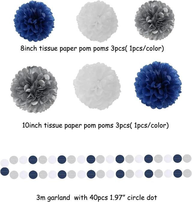 Alt view image 10 of 14 - Navy Blue White Silver Party Decorations,23pcs Kit Graduation 2025 Tissue Paper Pom Poms Streamers,Tassel Garland Banner Flowers,Men Birthday Bachelorette Baby Shower Christmas Decor Lasting Surprise