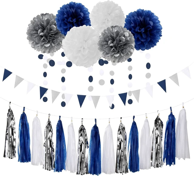 Alt view image 8 of 14 - Navy Blue White Silver Party Decorations,23pcs Kit Graduation 2025 Tissue Paper Pom Poms Streamers,Tassel Garland Banner Flowers,Men Birthday Bachelorette Baby Shower Christmas Decor Lasting Surprise