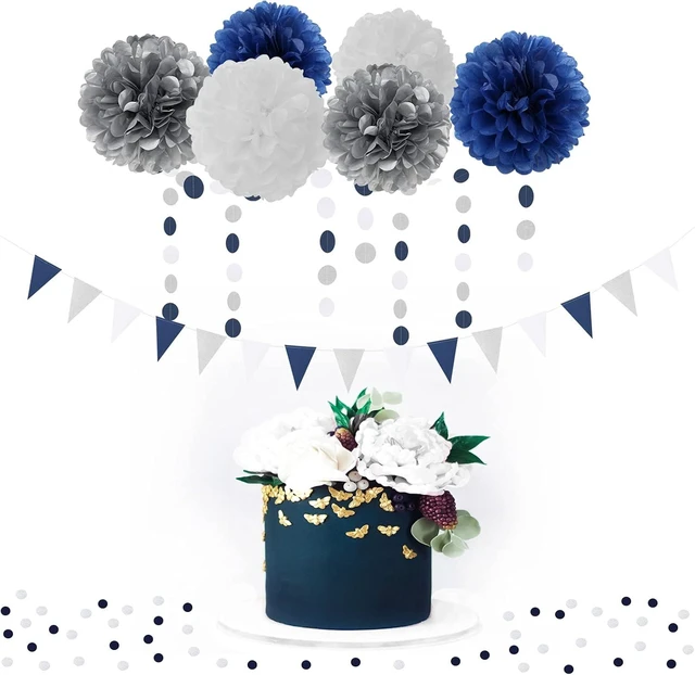 Alt view image 14 of 14 - Navy Blue White Silver Party Decorations,23pcs Kit Graduation 2025 Tissue Paper Pom Poms Streamers,Tassel Garland Banner Flowers,Men Birthday Bachelorette Baby Shower Christmas Decor Lasting Surprise