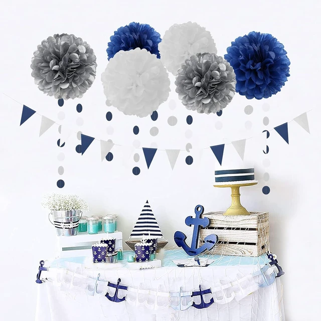 Alt view image 11 of 14 - Navy Blue White Silver Party Decorations,23pcs Kit Graduation 2025 Tissue Paper Pom Poms Streamers,Tassel Garland Banner Flowers,Men Birthday Bachelorette Baby Shower Christmas Decor Lasting Surprise