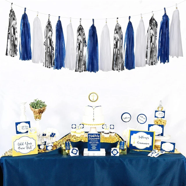 Alt view image 13 of 14 - Navy Blue White Silver Party Decorations,23pcs Kit Graduation 2025 Tissue Paper Pom Poms Streamers,Tassel Garland Banner Flowers,Men Birthday Bachelorette Baby Shower Christmas Decor Lasting Surprise
