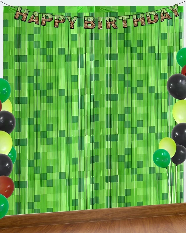 Alt view image 8 of 14 - Green Pixel Miner Foil Fringe Curtains - 2 Pack 3.3x6.6ft Metallic Video Game Birthday Photo Booth Backdrop, Door Streamers for Gamer Party Decorations & Room Wall Decor