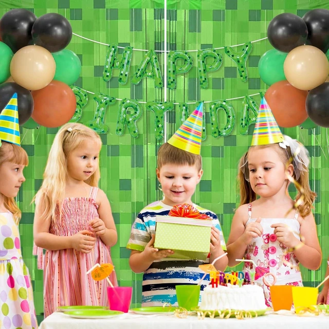 Alt view image 11 of 14 - Green Pixel Miner Foil Fringe Curtains - 2 Pack 3.3x6.6ft Metallic Video Game Birthday Photo Booth Backdrop, Door Streamers for Gamer Party Decorations & Room Wall Decor
