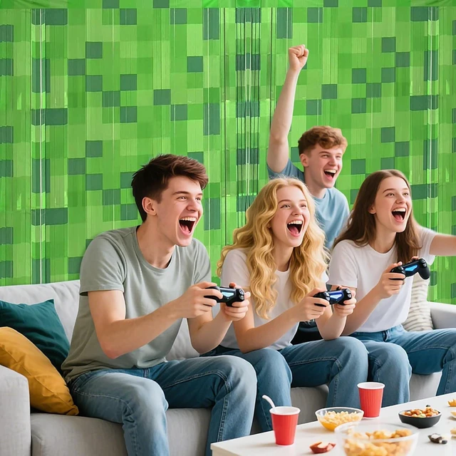 Alt view image 10 of 14 - Green Pixel Miner Foil Fringe Curtains - 2 Pack 3.3x6.6ft Metallic Video Game Birthday Photo Booth Backdrop, Door Streamers for Gamer Party Decorations & Room Wall Decor