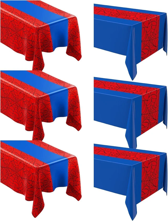 Alt view image 8 of 14 - Remagr 54 x 108 Inch Spider Theme Birthday Party Tablecloth Plastic Disposable Hero Summer Table Cover Large Plastic Rectangular Table Cover for Spider Web Birthday Party Decor(Red and Blue,6 Pcs)