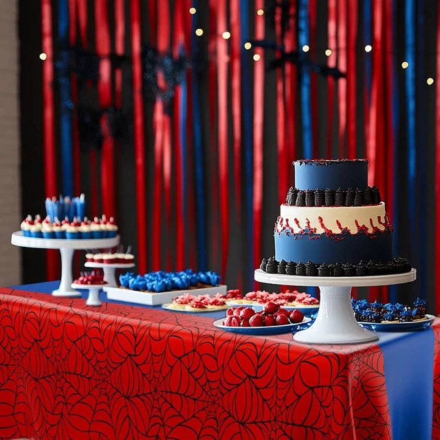 Alt view image 12 of 14 - Remagr 54 x 108 Inch Spider Theme Birthday Party Tablecloth Plastic Disposable Hero Summer Table Cover Large Plastic Rectangular Table Cover for Spider Web Birthday Party Decor(Red and Blue,6 Pcs)