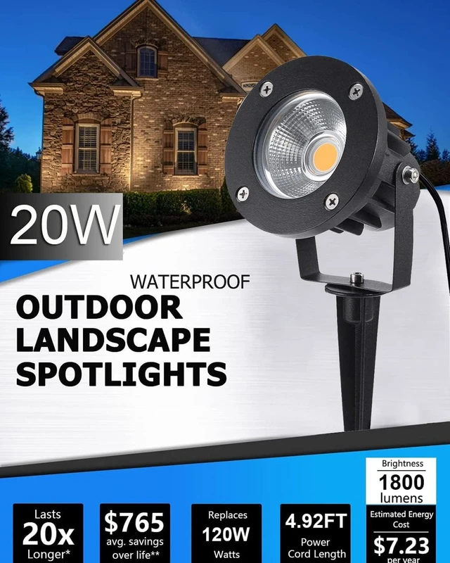 Alt view image 8 of 12 - 20W LED Landscape Lighting Outdoor Spotlight 120V AC Waterproof Yard Spot Lights Outdoor with Stake for Tree Flag Lights 3000K Warm White Lawn Decorative Lamp with US 3-Plug in (2 Pack)