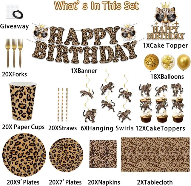 Alt view image 8 of 12 - Cheetah Print Birthday Party Decorations, Leopard Party Supplies for 20 Guests with Banner, Balloons, Hanging Swirls, Tablecloths, Plates, Napkins, Cups, Forks, Straws, Cupcake Toppers