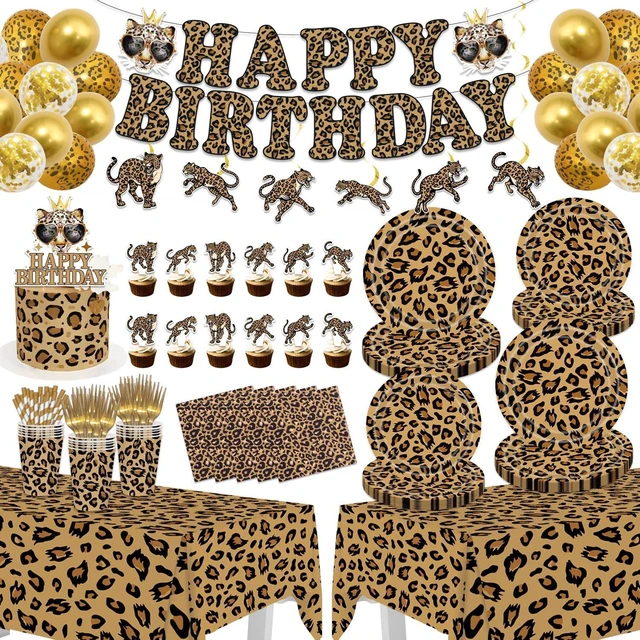 Alt view image 7 of 12 - Cheetah Print Birthday Party Decorations, Leopard Party Supplies for 20 Guests with Banner, Balloons, Hanging Swirls, Tablecloths, Plates, Napkins, Cups, Forks, Straws, Cupcake Toppers