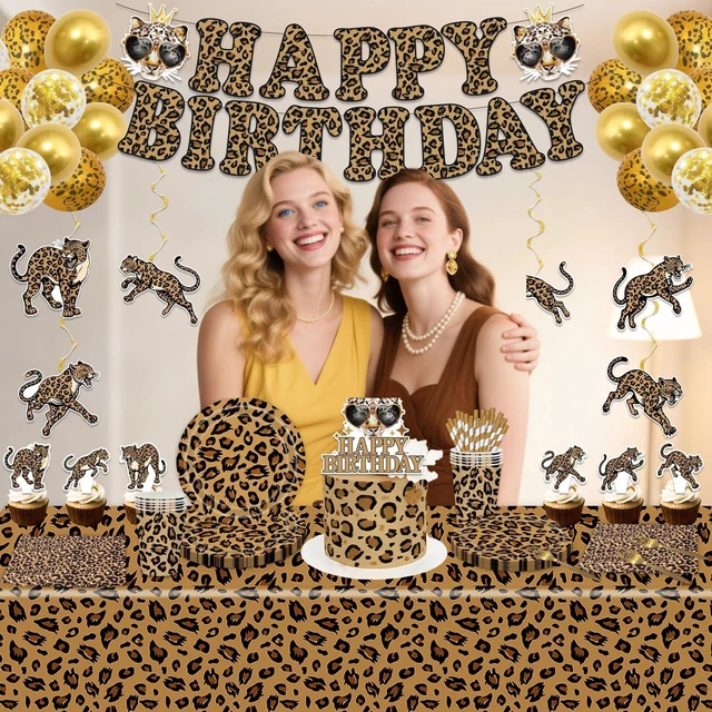 Alt view image 11 of 12 - Cheetah Print Birthday Party Decorations, Leopard Party Supplies for 20 Guests with Banner, Balloons, Hanging Swirls, Tablecloths, Plates, Napkins, Cups, Forks, Straws, Cupcake Toppers