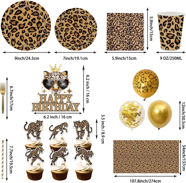Alt view image 10 of 12 - Cheetah Print Birthday Party Decorations, Leopard Party Supplies for 20 Guests with Banner, Balloons, Hanging Swirls, Tablecloths, Plates, Napkins, Cups, Forks, Straws, Cupcake Toppers