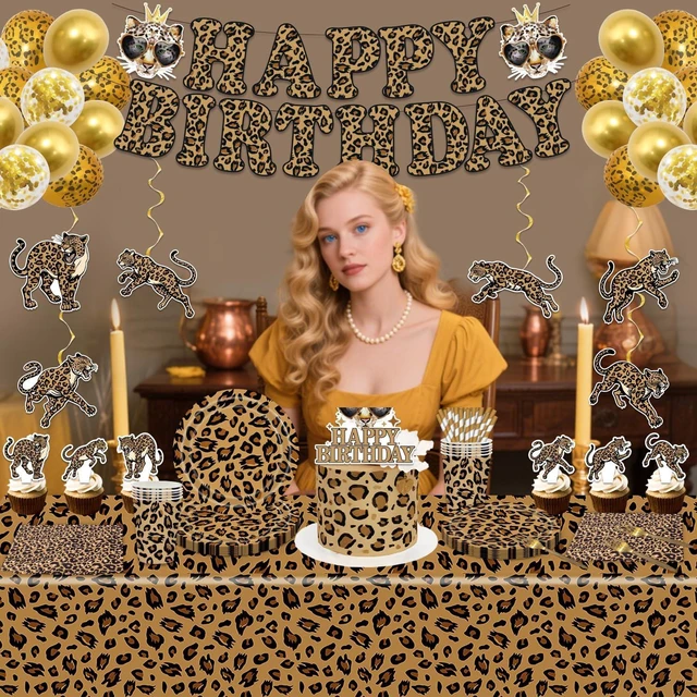 Alt view image 12 of 12 - Cheetah Print Birthday Party Decorations, Leopard Party Supplies for 20 Guests with Banner, Balloons, Hanging Swirls, Tablecloths, Plates, Napkins, Cups, Forks, Straws, Cupcake Toppers