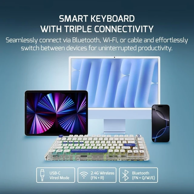 Alt view image 9 of 14 - GAMEPOWER Gasket Pro 75% Mechanical Gaming Keyboard, Triple Mode, 81 Keys, Knob Switch, Macro, 3000mah, 60M Click Linear Red switches, Wired/2.4G/Bluetooth 5.1, RGB Backlit, LCD Screen, Transparent