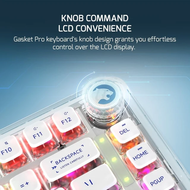 Alt view image 12 of 14 - GAMEPOWER Gasket Pro 75% Mechanical Gaming Keyboard, Triple Mode, 81 Keys, Knob Switch, Macro, 3000mah, 60M Click Linear Red switches, Wired/2.4G/Bluetooth 5.1, RGB Backlit, LCD Screen, Transparent