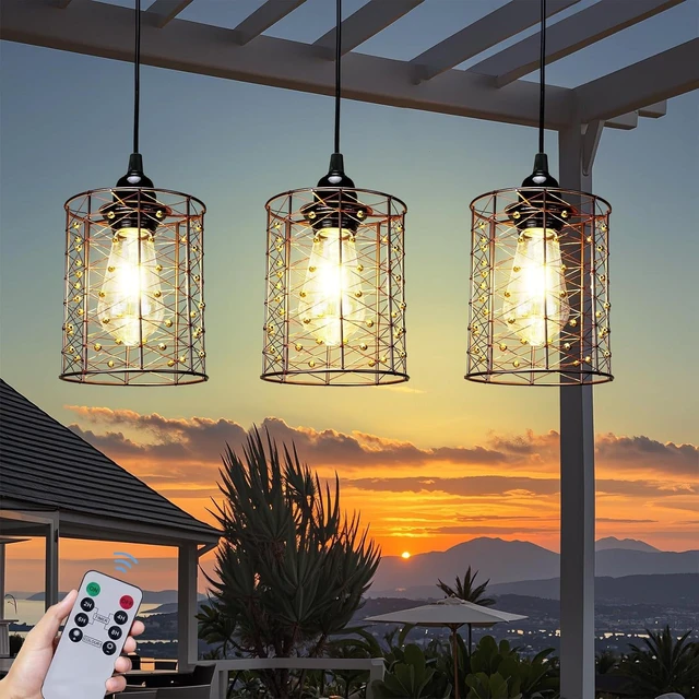 Alt view image 8 of 14 - Battery Operated Hanging Outdoor Chandelier, Battery Pendant Light, Gazebo Lights Outdoor Waterproof, 4 AA Batteries, for Gazebo, Pergola, Porch, Patio, Indoor/Outdoor Decor Lighting (3)