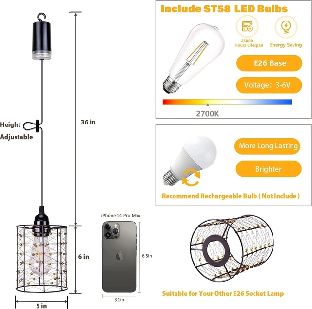 Alt view image 11 of 14 - Battery Operated Hanging Outdoor Chandelier, Battery Pendant Light, Gazebo Lights Outdoor Waterproof, 4 AA Batteries, for Gazebo, Pergola, Porch, Patio, Indoor/Outdoor Decor Lighting (3)