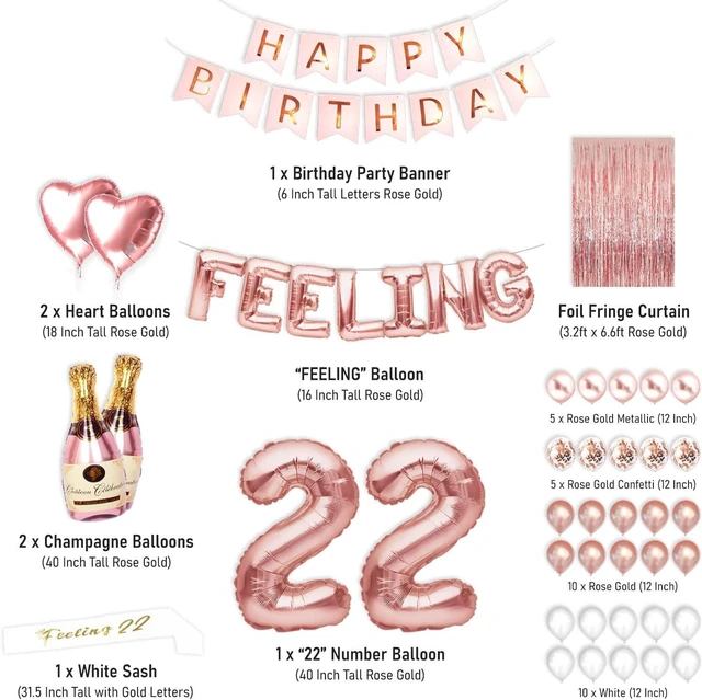 Alt view image 9 of 14 - PartyForever 22nd Birthday Decorations for Women and Girls Rose Gold with Birthday Banner and Digit Balloons Including Text Balloon Letters Party Supplies for Her