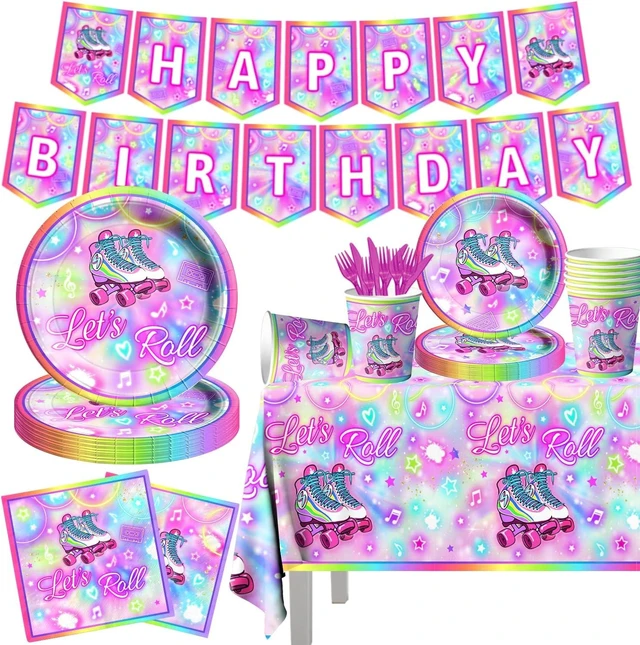 Alt view image 7 of 12 - 142Pcs Roller Skating Birthday Party Supplies Tableware Set Roller Skater Decoration Let's Roll Birthday for Boy or Girl,Colorful Plates and Napkins Cups Tablecloth Banner