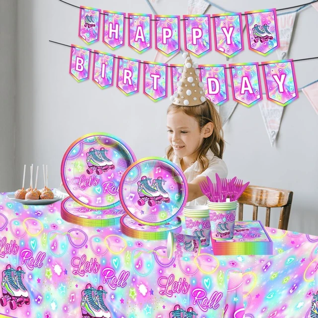 Alt view image 8 of 12 - 142Pcs Roller Skating Birthday Party Supplies Tableware Set Roller Skater Decoration Let's Roll Birthday for Boy or Girl,Colorful Plates and Napkins Cups Tablecloth Banner