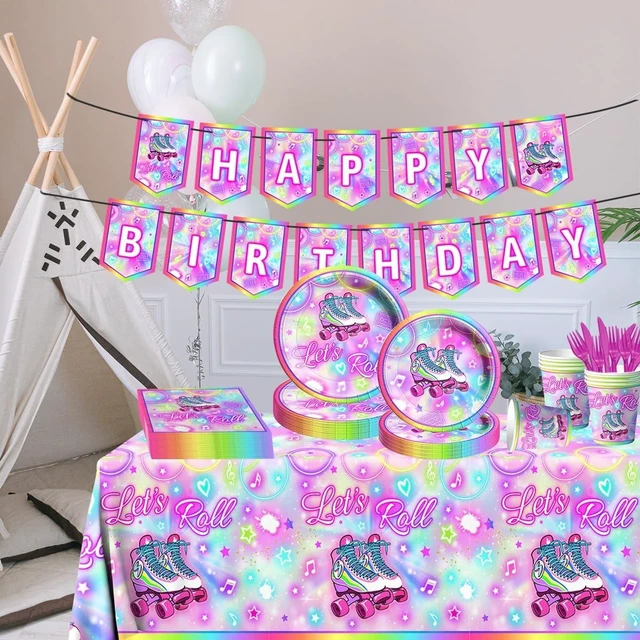 Alt view image 9 of 12 - 142Pcs Roller Skating Birthday Party Supplies Tableware Set Roller Skater Decoration Let's Roll Birthday for Boy or Girl,Colorful Plates and Napkins Cups Tablecloth Banner