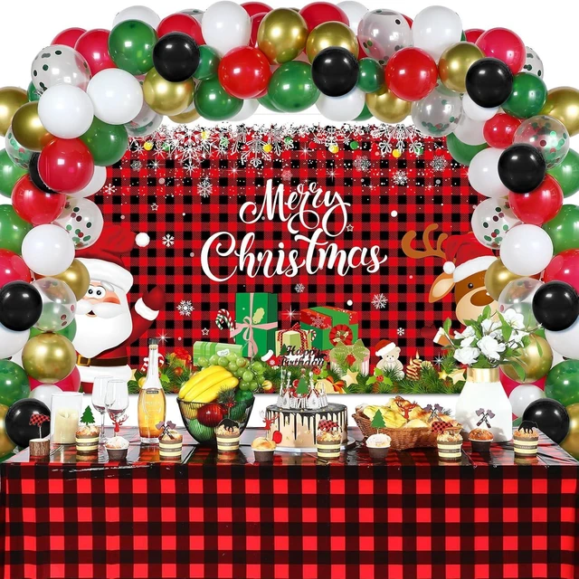 Alt view image 7 of 12 - Christmas Party Decorations Set Includes Christmas Santa Claus Snowflakes Backdrop Table Covers Multi Color Balloons Foil Santa Claus and Deer Balloons for Xmas Party Supplies Favors (Plaid Style)