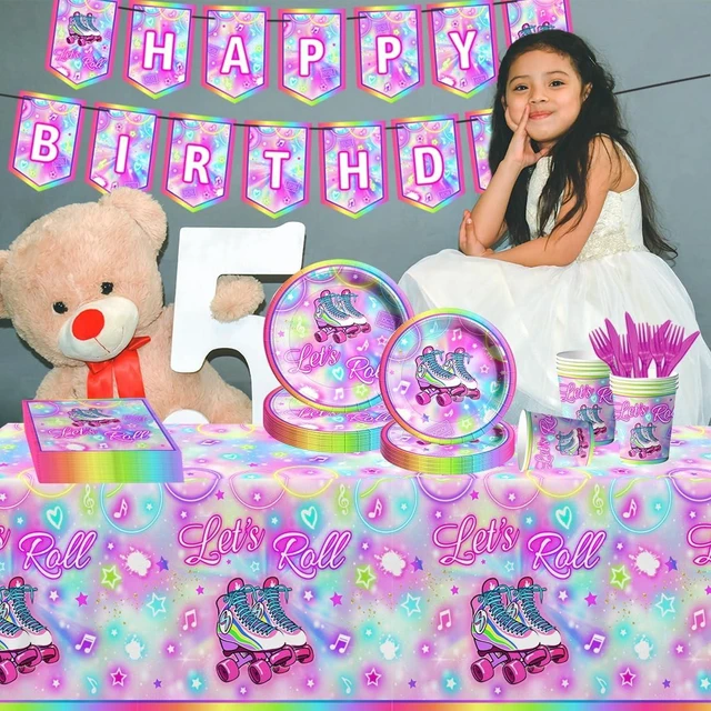 Alt view image 11 of 12 - 142Pcs Roller Skating Birthday Party Supplies Tableware Set Roller Skater Decoration Let's Roll Birthday for Boy or Girl,Colorful Plates and Napkins Cups Tablecloth Banner