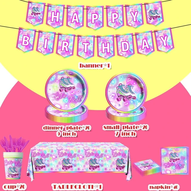 Alt view image 10 of 12 - 142Pcs Roller Skating Birthday Party Supplies Tableware Set Roller Skater Decoration Let's Roll Birthday for Boy or Girl,Colorful Plates and Napkins Cups Tablecloth Banner