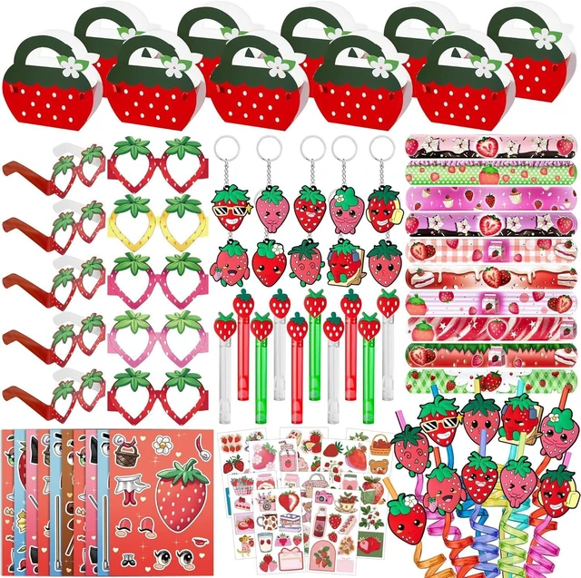 Alt view image 8 of 14 - WHALEISLAND Strawberry Party Favor Sweet Berry gift bag Stickers Stampers Keychain Paper Straws Gift Rewards for Kids Girls Birthday Supplies