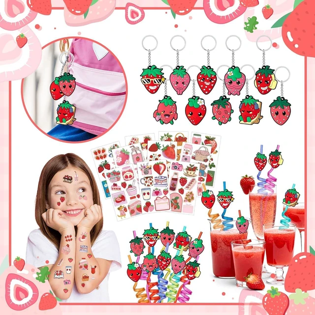 Alt view image 10 of 14 - WHALEISLAND Strawberry Party Favor Sweet Berry gift bag Stickers Stampers Keychain Paper Straws Gift Rewards for Kids Girls Birthday Supplies