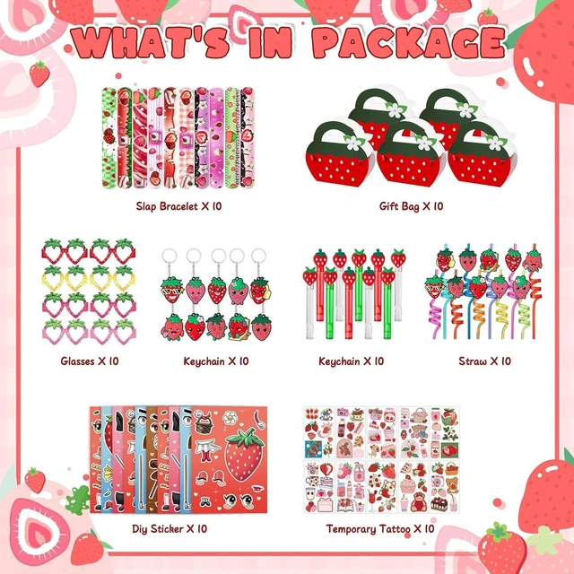 Alt view image 9 of 14 - WHALEISLAND Strawberry Party Favor Sweet Berry gift bag Stickers Stampers Keychain Paper Straws Gift Rewards for Kids Girls Birthday Supplies
