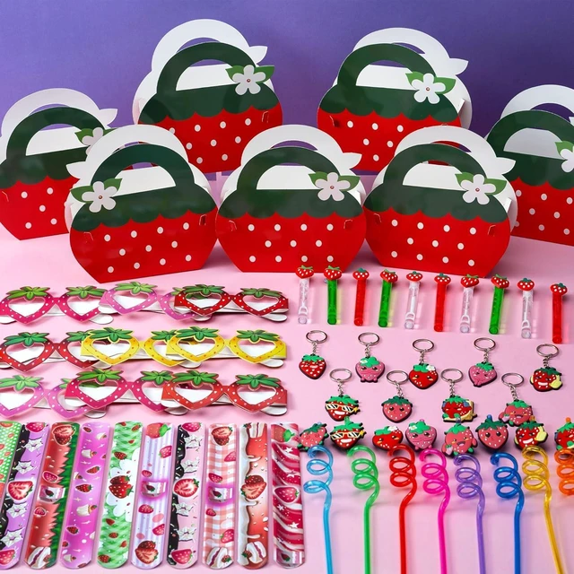 Alt view image 11 of 14 - WHALEISLAND Strawberry Party Favor Sweet Berry gift bag Stickers Stampers Keychain Paper Straws Gift Rewards for Kids Girls Birthday Supplies