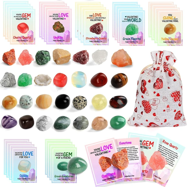 Alt view image 7 of 12 - Gifts for Kids - 28 Pack Exchange Cards & Natural Gemstone Crystals Rocks Minerals Bulk,Cards for Boys Girls Classroom Party Favors