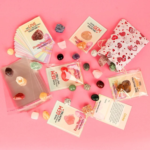 Alt view image 8 of 12 - Gifts for Kids - 28 Pack Exchange Cards & Natural Gemstone Crystals Rocks Minerals Bulk,Cards for Boys Girls Classroom Party Favors